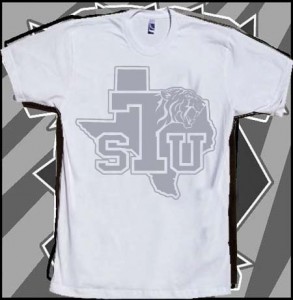 A white shirt with the letters tsu and a picture of a texas.