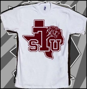 A white t-shirt with the state of texas and a mascot.