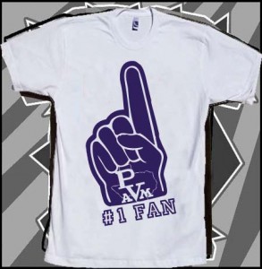 A white shirt with a purple foam finger on it.