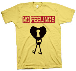 A yellow shirt with a heart and key on it.