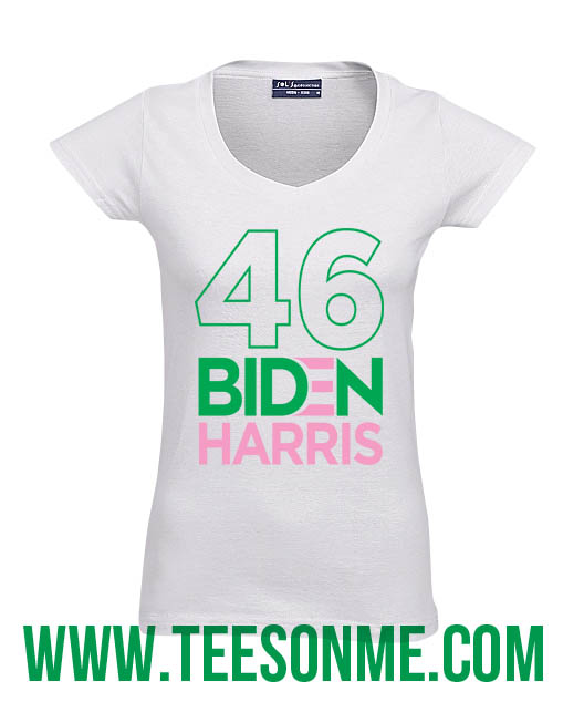 A white t-shirt with the number 4 6 and the name of president biden.