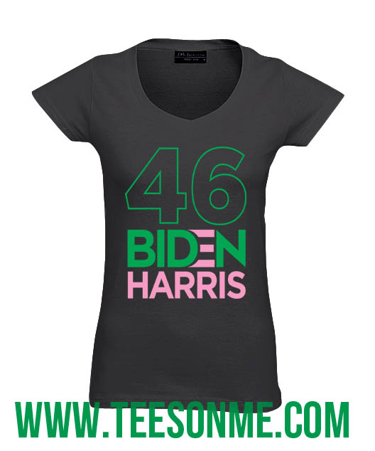 A black shirt with the number 4 6 and name of biden harris